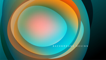 Abstract layers create dynamic flow. Warm colors blend with cool tones, forming circular shapes against dark background. Modern design element.