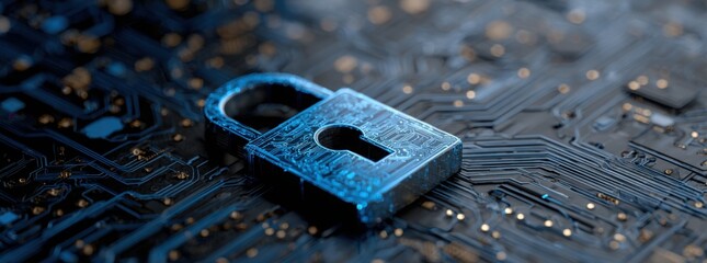 digital padlock icon on a blue digital circuit board background, representing the concept of data security protection and cyber security technology.