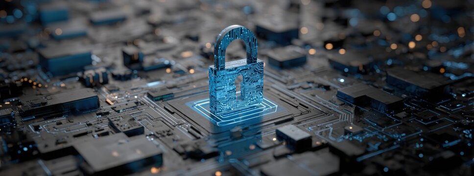 digital padlock icon on a blue digital circuit board background, representing the concept of data security protection and cyber security technology. - Powered by Adobe