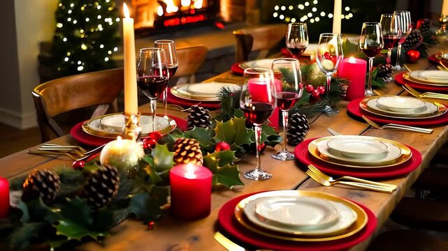 Holiday table setting with red candles lit. Wine glasses sparkle in candle warmth. Pine cones and Christmas decor surround dinner plates. Candlelight adds holiday table charm and warmth