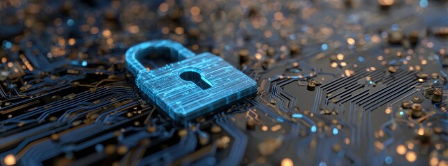digital padlock icon on a blue digital circuit board background, representing the concept of data security protection and cyber security technology.