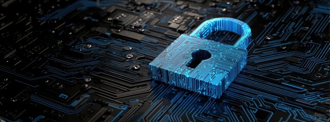 digital padlock icon on a blue digital circuit board background, representing the concept of data security protection and cyber security technology.