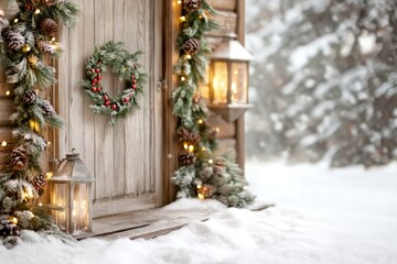 Cozy winter cabin with snowy festive decorations and warm lights