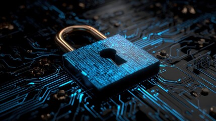 digital padlock icon on a blue digital circuit board background, representing the concept of data security protection and cyber security technology.