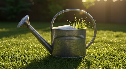 Golden Backlight Illuminates Grass Growing in an Old Watering Can on a Lush Lawn.