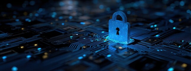 digital padlock icon on a blue digital circuit board background, representing the concept of data security protection and cyber security technology.