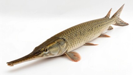 Naklejka premium Longnose Gar with elongated snout and slender body displayed on a clean white studio background, sharp focus, and professional studio lighting