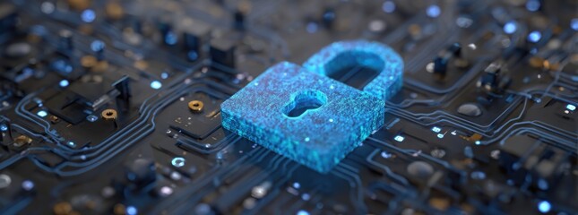 digital padlock icon on a blue digital circuit board background, representing the concept of data security protection and cyber security technology.