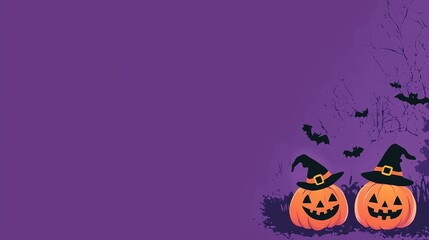 Halloween PowerPoint Background Purple, Cute Cartoon Pumpkins and Witch Hats Border, Simple Flat Vector Graphic with Text Space