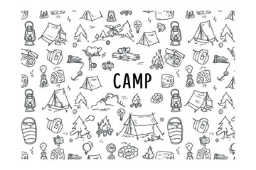 Obraz premium Camping activities and essentials scenic outdoor setting creative nature background playful style. Vector illustration