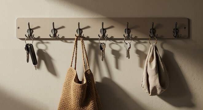 Key holder with bags and keys on wall in modern interior  