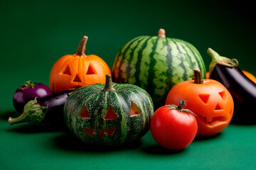 Creative Halloween Vegetables Carved as Jack O’Lanterns on green background