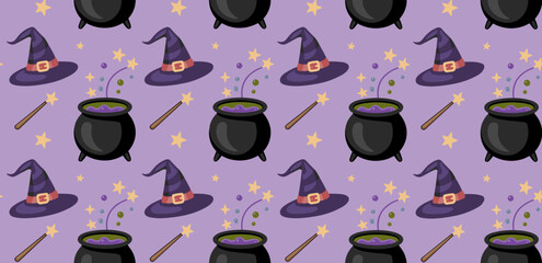 Halloween-themed seamless pattern with hats, cauldrons, and stars  