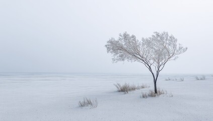 Solitary frosted tree on a snow-covered expanse