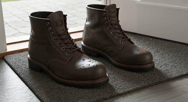 Brown leather work boots placed on doormat indoors - Powered by Adobe