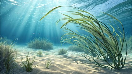 Seagrass swaying gracefully underwater in a calm marine environment during daylight hours