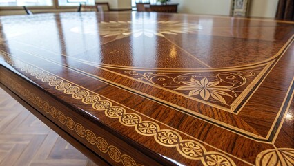 Shiny lacquer wood grain reveals intricate designs on an elegant table surface in a well-lit room