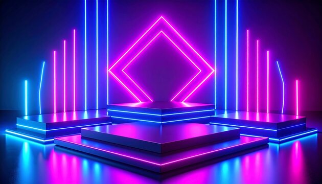 Neon podiums with vibrant lighting