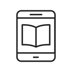 Clean vector line icon of a tablet displaying an open book, ideal for concepts like digital reading, e-learning, or mobile knowledge tools