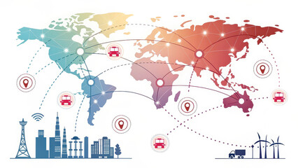Global supply chain and logistics network concept, world map with technology icons, transportation routes, renewable energy, and industrial connections, ideal for trade, shipping, and smart city