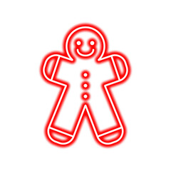 A glowing red neon gingerbread man outline with a smiling face and button details, isolated on a white background.