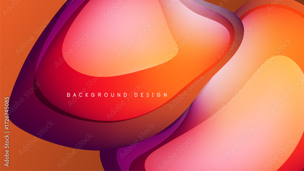 Poster abstract fluid shapes, vibrant orange, red, purple gradients. modern design element over black backg