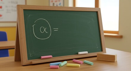Green Chalkboard with Alpha Symbol and Colorful Chalks on Wooden Desk in Classroom.