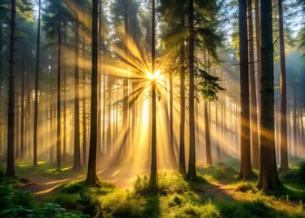 Obraz premium Sunbeams stream through a lush green forest at sunrise