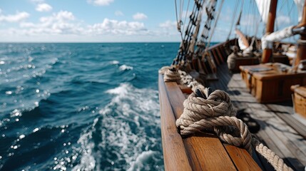 Obraz premium Close-up of a rope knot on a wooden railing, with vibrant blue ocean waves and clear sky creating a tranquil maritime atmosphere
