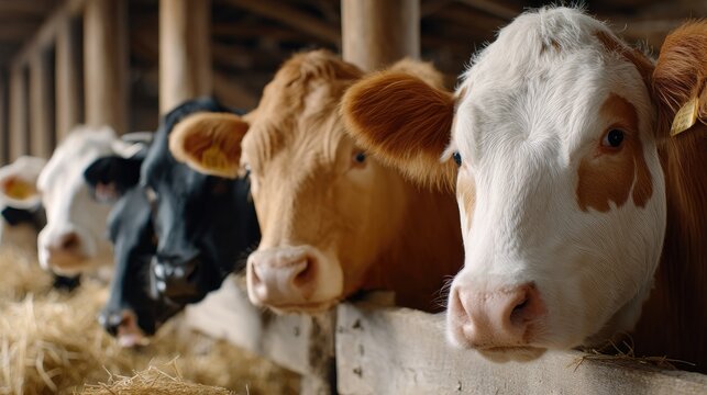 A group of cows, including one prominently in front, curiously looks out from behind a wooden fence during daylight hours