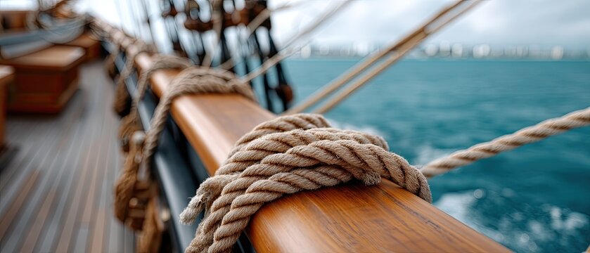 Close-up of a rope knot on a wooden railing, with vibrant blue ocean waves and clear sky creating a tranquil maritime atmosphere