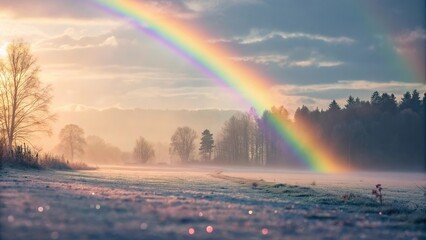 Soft focus rainbow light leak shines over misty landscape at dawn with trees and open field