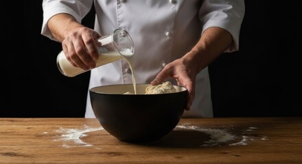 A chef pours milk into a bowl of dough