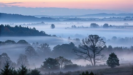 Fototapeta premium Soft fog envelops rolling hills at dawn, creating a mystical landscape with trees rising from the misty ground