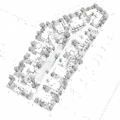 Fototapeta premium An intricate monochromatic aerial rendering showcases a meticulously planned residential community layout, featuring numerous buildings, interconnected roads, and lush green spaces.
