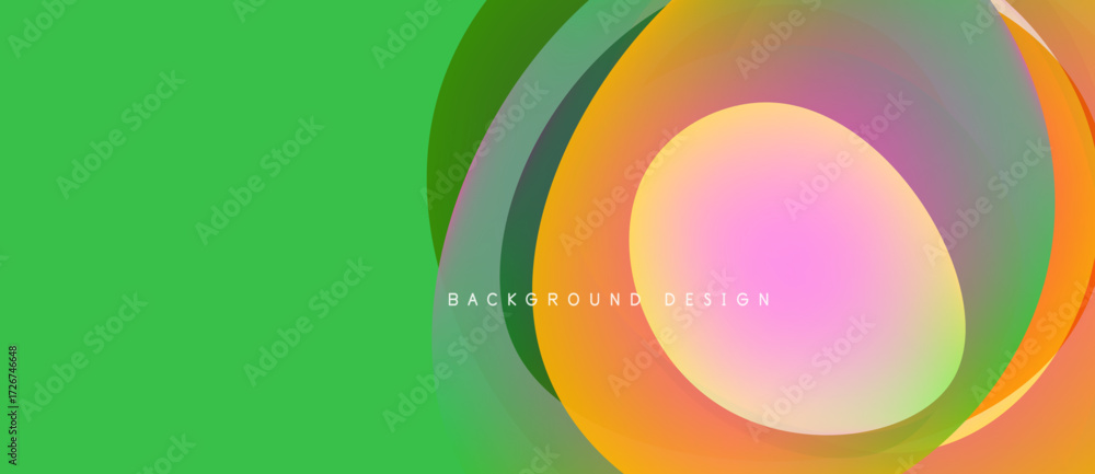 Poster abstract colorful layers create dynamic visual effect. green dominates left side, vibrant circles ov
