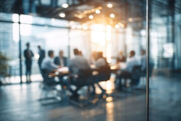a business team is having a meeting in a conference room with glass walls, with a blurred background. this abstract business concept could be used for a banner design.