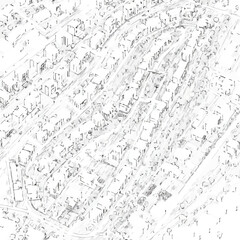 Overhead view transformed into a captivating black and white architectural sketch, illustrating a modern housing estate's organized design.