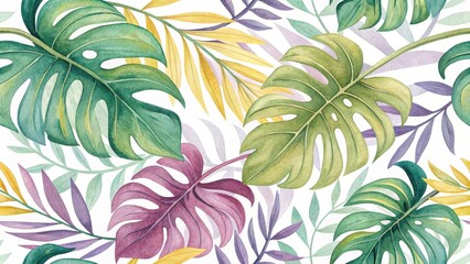 Tropical watercolor leaves pattern with monstera, palm, and exotic foliage in green, yellow, and purple tones, ideal for summer backgrounds, textile prints, invitations, wallpapers