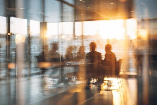 a business team is having a meeting in a conference room with glass walls, with a blurred background. this abstract business concept could be used for a banner design.