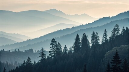Obraz premium Mountain landscape with a vertical gradient in muted tones during early morning fog