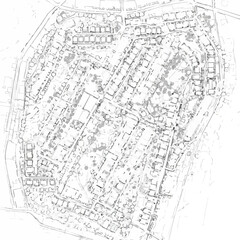 An intricate black and white aerial sketch illustrating a complex urban landscape, depicting numerous buildings, winding streets, and detailed city planning.