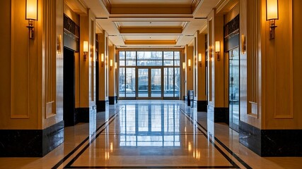 Luxury business lobby background with marble floors, golden accents, and panoramic glass ceiling, symbolizing prestige and success. Generative AI.