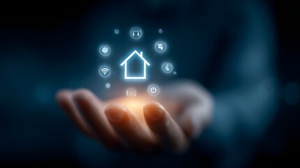 Hand holding a glowing smart home icon surrounded by digital control symbols representing home automation, IoT technology, and connected living in a futuristic environment