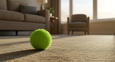 Lonely Tennis Ball on Carpet in Bright Living Room, Soft Light.