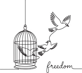 Continuous Line Art of a Birdcage Opening with Birds Flying Out Symbolizing Freedom and Knowledge