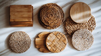 Collection of natural woven and wooden coasters on a marble surface