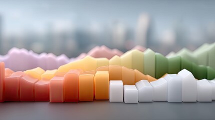 Colorful Abstract Bar Graph on Dark Surface with Blurred Cityscape Background