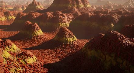 A rendered landscape featuring a textured, reddish terrain with small, rounded hills and patches of green vegetation.