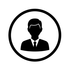 A black and white silhouette of a man in a suit and tie, enclosed within a black circle, representing a user profile or avatar.